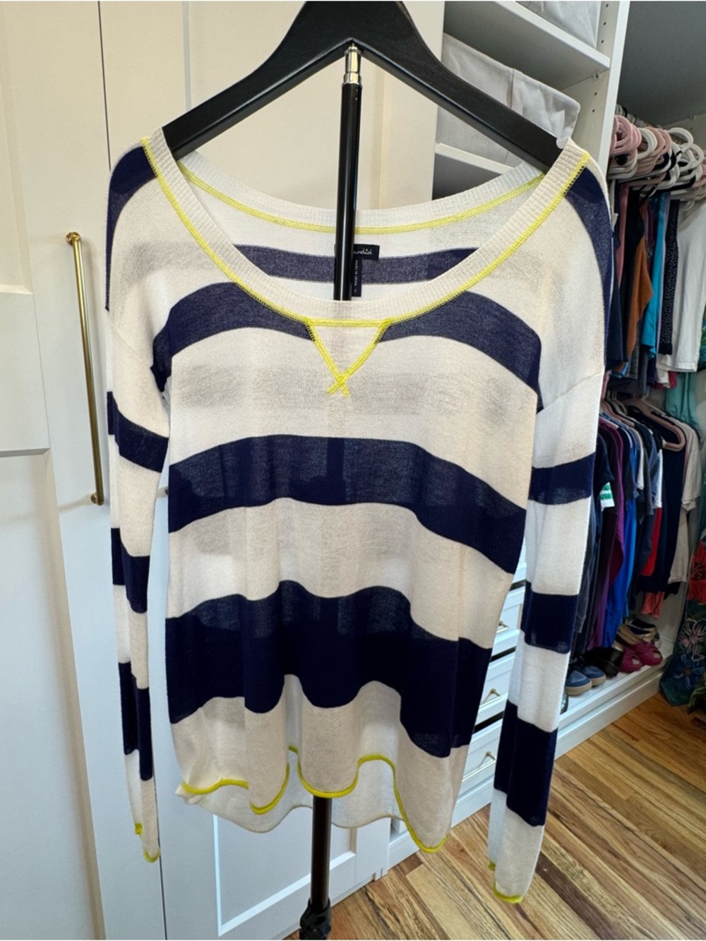 Splendid Navy and White Striped Lightweight Sweater with Neon Yellow Trim Size S